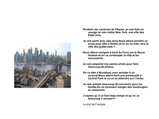 Pendant ces vacances de Pâques, je vais faire un voyage.Je vais visiter New York, une ville des États Unis. Je vais partir avec mes amis.Nous allons prendre un avion pour aller à Dublin et là, on va voler vers la ville des gratte-ciels !! Nous allons naviguer à bord du Ferry sur le fleuve Hudson et on va contempler la ville et les monuments. Je vais emporter ma caméra photo pour faire beaucoup de photos. On va aller à Broadway pour assister à un musical.Nous allons faire une promenade à Central Park et on va se détendre sur l´herbe. Je vais acheter beaucoup de souvenirs pour ma famille.On va sûrement manger des hamburgers au restaurant. J´espère qu´il va faire beau temps et qu´on va beaucoup s´amuser!!! La prof de Français 
