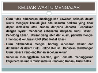 KELUAR WAKTU MENGAJAR
• Guru tidak dibenarkan meninggalkan kawasan sekolah dalam
waktu mengajar kecuali jika ada sesuatu perkara yang tidak
dapat dielakkan atau arahan daripada Jabatan Pendidikan
dengan syarat mendapat kebenaran daripada Guru Besar /
Penolong Kanan. Urusan yang lebih dari 4 jam, perlulah mengisi
/ mendapat kelulusan CRK (Cuti Rehat Khas)
• Guru dikehendaki mengisi borang kebenaran keluar dan
dituliskan di dalam Buku Rekod Keluar. Dapatkan tandatangan
Guru Besar / Penolong Kanan sebelum keluar.
• Sebelum meninggalkan sekolah, guru diminta meninggalkan
kerja bertulis untuk murid melalui Penolong Kanan / Guru Kelas
 