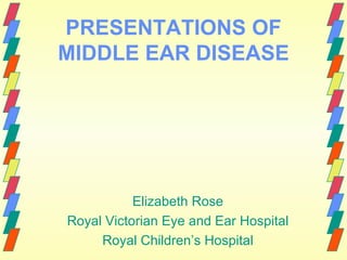 PRESENTATIONS OF MIDDLE EAR DISEASE Elizabeth Rose Royal Victorian Eye and Ear Hospital Royal Children’s Hospital 