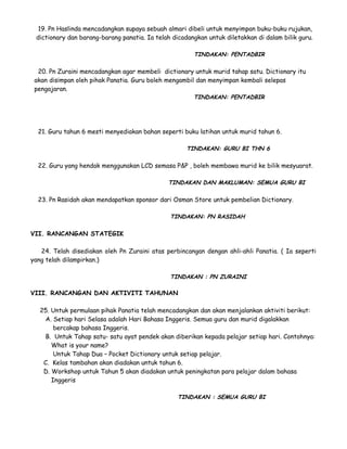 19. Pn Haslinda mencadangkan supaya sebuah almari dibeli untuk menyimpan buku-buku rujukan,
dictionary dan barang-barang panatia. Ia telah dicadangkan untuk diletakkan di dalam bilik guru.
TINDAKAN: PENTADBIR
20. Pn Zuraini mencadangkan agar membeli dictionary untuk murid tahap satu. Dictionary itu
akan disimpan oleh pihak Panatia. Guru boleh mengambil dan menyimpan kembali selepas
pengajaran.
TINDAKAN: PENTADBIR
21. Guru tahun 6 mesti menyediakan bahan seperti buku latihan untuk murid tahun 6.
TINDAKAN: GURU BI THN 6
22. Guru yang hendak menggunakan LCD semasa P&P , boleh membawa murid ke bilik mesyuarat.
TINDAKAN DAN MAKLUMAN: SEMUA GURU BI
23. Pn Rasidah akan mendapatkan sponsor dari Osman Store untuk pembelian Dictionary.
TINDAKAN: PN RASIDAH
VII. RANCANGAN STATEGIK
24. Telah disediakan oleh Pn Zuraini atas perbincangan dengan ahli-ahli Panatia. ( Ia seperti
yang telah dilampirkan.)
TINDAKAN : PN ZURAINI
VIII. RANCANGAN DAN AKTIVITI TAHUNAN
25. Untuk permulaan pihak Panatia telah mencadangkan dan akan menjalankan aktiviti berikut:
A. Setiap hari Selasa adalah Hari Bahasa Inggeris. Semua guru dan murid digalakkan
bercakap bahasa Inggeris.
B. Untuk Tahap satu- satu ayat pendek akan diberikan kepada pelajar setiap hari. Contohnya:
What is your name?
Untuk Tahap Dua – Pocket Dictionary untuk setiap pelajar.
C. Kelas tambahan akan diadakan untuk tahun 6.
D. Workshop untuk Tahun 5 akan diadakan untuk peningkatan para pelajar dalam bahasa
Inggeris
TINDAKAN : SEMUA GURU BI
 