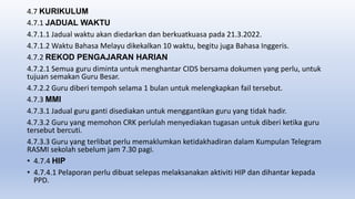 4.7 KURIKULUM
4.7.1 JADUAL WAKTU
4.7.1.1 Jadual waktu akan diedarkan dan berkuatkuasa pada 21.3.2022.
4.7.1.2 Waktu Bahasa Melayu dikekalkan 10 waktu, begitu juga Bahasa Inggeris.
4.7.2 REKOD PENGAJARAN HARIAN
4.7.2.1 Semua guru diminta untuk menghantar CIDS bersama dokumen yang perlu, untuk
tujuan semakan Guru Besar.
4.7.2.2 Guru diberi tempoh selama 1 bulan untuk melengkapkan fail tersebut.
4.7.3 MMI
4.7.3.1 Jadual guru ganti disediakan untuk menggantikan guru yang tidak hadir.
4.7.3.2 Guru yang memohon CRK perlulah menyediakan tugasan untuk diberi ketika guru
tersebut bercuti.
4.7.3.3 Guru yang terlibat perlu memaklumkan ketidakhadiran dalam Kumpulan Telegram
RASMI sekolah sebelum jam 7.30 pagi.
• 4.7.4 HIP
• 4.7.4.1 Pelaporan perlu dibuat selepas melaksanakan aktiviti HIP dan dihantar kepada
PPD.
 