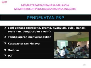 PENDEKATAN P&P SULIT MEMARTABATKAN BAHASA MALAYSIA MEMPERKUKUH PENGUASAAN BAHASA INGGERIS  Seni Bahasa (bercerita, drama, nyanyian, puisi, bahas,  syarahan, pengucapan awam)  Pembelajaran menyeronokkan  Kesusasteraan Melayu  Modular  ICT 