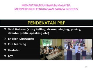 PENDEKATAN P&P MEMARTABATKAN BAHASA MALAYSIA MEMPERKUKUH PENGUASAAN BAHASA INGGERIS  Seni Bahasa (story telling, drama, singing, poetry,  debate, public speaking etc)  English Literature  Fun learning  Modular  ICT 