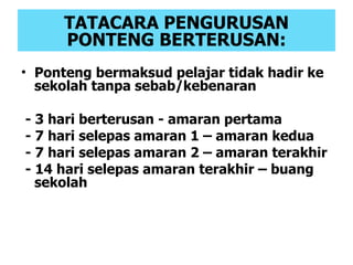 TATACARA PENGURUSAN PONTENG BERTERUSAN: Ponteng bermaksud pelajar tidak hadir ke sekolah tanpa sebab/kebenaran - 3 hari berterusan - amaran pertama - 7 hari selepas amaran 1 – amaran kedua - 7 hari selepas amaran 2 – amaran terakhir - 14 hari selepas amaran terakhir – buang sekolah 