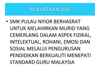 SMK PULAU NYIOR BERHASRAT UNTUK MELAHIRKAN MURID YANG CEMERLANG DALAM ASPEK FIZIKAL, INTELEKTUAL, ROHANI, EMOSI DAN SOSIAL MELALUI PENGURUSAN PENDIDIKAN BERKUALITI MENEPATI STANDARD GURU MALAYSIA 