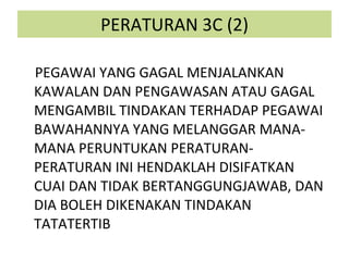 PERATURAN 3C (2) PEGAWAI YANG GAGAL MENJALANKAN KAWALAN DAN PENGAWASAN ATAU GAGAL MENGAMBIL TINDAKAN TERHADAP PEGAWAI BAWAHANNYA YANG MELANGGAR MANA-MANA PERUNTUKAN PERATURAN-PERATURAN INI HENDAKLAH DISIFATKAN CUAI DAN TIDAK BERTANGGUNGJAWAB, DAN DIA BOLEH DIKENAKAN TINDAKAN TATATERTIB 