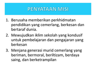 Berusaha memberikan perkhidmatan pendidikan yang cemerlang, berkesan dan bertaraf dunia. Mewujudkan iklim sekolah yang kondusif untuk pembelajaran dan pengajaran yang berkesan Menjana generasi murid cemerlang yang beriman, bermoral, beriltizam, berdaya saing, dan berketrampilan 