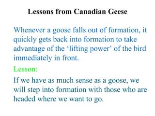 Lessons from Canadian Geese Whenever a goose falls out of formation, it quickly gets back into formation to take advantage of the ‘lifting power’ of the bird immediately in front. Lesson: If we have as much sense as a goose, we will step into formation with those who are headed where we want to go. 
