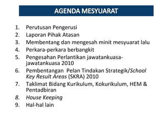 Perutusan Pengerusi Laporan Pihak Atasan Membentang dan mengesah minit mesyuarat lalu Perkara-perkara berbangkit Pengesahan Perlantikan jawatankuasa-jawatankuasa 2010 Pembentangan  Pelan Tindakan Strategik/ School Key Result Areas  (SKRA) 2010 Taklimat Bidang Kurikulum, Kokurikulum, HEM & Pentadbiran House Keeping Hal-hal lain 