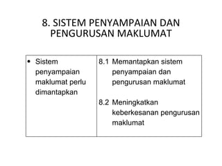 8. SISTEM PENYAMPAIAN DAN PENGURUSAN MAKLUMAT Sistem penyampaian maklumat perlu dimantapkan 8.1 Memantapkan sistem  penyampaian dan pengurusan maklumat 8.2 Meningkatkan keberkesanan pengurusan maklumat 
