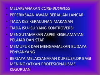 MELAKSANAKAN  CORE-BUSINESS PEPERIKSAAN AWAM BERJALAN LANCAR TIADA KES KERACUNAN MAKANAN TIADA ISU-ISU YANG KONTROVERSI MENGUTAMAKAN ASPEK KESELAMATAN PELAJAR DAN STAF MEMUPUK DAN MENGAMALKAN BUDAYA PENYANYANG BERJAYA MELAKSANAKAN KURSUS/LDP BAGI MENINGKATKAN PROFESIONALISME KEGURUAN 