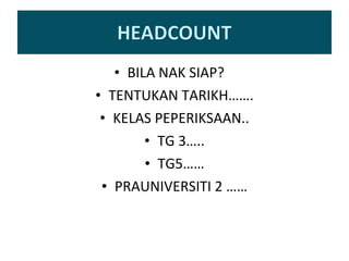 BILA NAK SIAP?  TENTUKAN TARIKH……. KELAS PEPERIKSAAN.. TG 3….. TG5…… PRAUNIVERSITI 2 …… 
