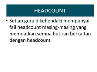 Setiap guru dikehendaki mempunyai fail headcount masing-masing yang memuatkan semua butiran berkaitan dengan headcount 