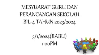 MESYUARAT GURU DAN
PERANCANGAN SEKOLAH
BIL-4 TAHUN 2023/2024
3/1/2024(RABU)
1:00PM
 