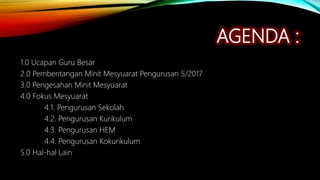 AGENDA :
1.0 Ucapan Guru Besar
2.0 Pembentangan Minit Mesyuarat Pengurusan 5/2017
3.0 Pengesahan Minit Mesyuarat
4.0 Fokus Mesyuarat
4.1. Pengurusan Sekolah
4.2. Pengurusan Kurikulum
4.3. Pengurusan HEM
4.4. Pengurusan Kokurikulum
5.0 Hal-hal Lain
 
