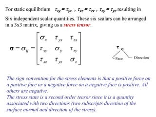 For static equilibrium τxy = τyx , τxz = τzx , τzy = τyz resulting in
Six independent scalar quantities. These six scalars can be arranged
in a 3x3 matrix, giving us a stress tensor.

             ⎡σ x τ yx τ zx ⎤
             ⎢              ⎥
  σ = σ ij = ⎢τ xy σ y τ zy ⎥
             ⎢τ xz τ yz σ z ⎥
             ⎣              ⎦

The sign convention for the stress elements is that a positive force on
a positive face or a negative force on a negative face is positive. All
others are negative.
The stress state is a second order tensor since it is a quantity
associated with two directions (two subscripts direction of the
surface normal and direction of the stress).
 