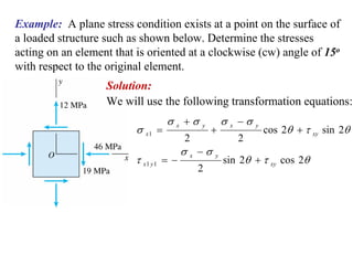 Example: A plane stress condition exists at a point on the surface of
a loaded structure such as shown below. Determine the stresses
acting on an element that is oriented at a clockwise (cw) angle of 15o
with respect to the original element.
                   Solution:
                   We will use the following transformation equations:
                                   σx +σ              σ x −σ
                          σ x1 =                 +                 cos 2θ + τ xy sin 2θ
                                             y                 y

                                         2               2
                                         σ x −σ
                          τ x1 y 1 = −                sin 2θ + τ xy cos 2θ
                                                  y

                                             2
 