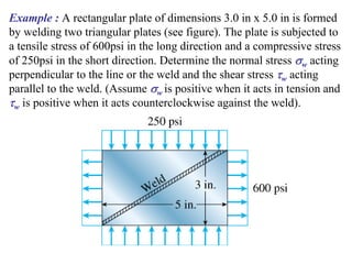 Example : A rectangular plate of dimensions 3.0 in x 5.0 in is formed
by welding two triangular plates (see figure). The plate is subjected to
a tensile stress of 600psi in the long direction and a compressive stress
of 250psi in the short direction. Determine the normal stress σw acting
perpendicular to the line or the weld and the shear stress τw acting
parallel to the weld. (Assume σw is positive when it acts in tension and
τw is positive when it acts counterclockwise against the weld).
 