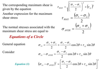 ⎛σ x −σ y ⎞
                                                                            2
The corresponding maximum shear is
                                                 τ MAX = ⎜
                                                         ⎜                ⎟ + (τ xy )2
                                                                          ⎟
given by the equation                                         ⎝      2    ⎠
Another expression for the maximum                                  (σ 1 − σ 2 )
shear stress                                         τ MAX =
                                                                         2
                                                                     (σ x + σ y )
The normal stresses associated with the
maximum shear stress are equal to
                                                      σ AVER =
                                                                           2
     Equations of a Circle
                                   σ x +σ y          σ x −σ y
General equation          σ x1 =                 +                cos 2θ + τ xy sin 2θ
                                      2                  2
Consider                                         σ x −σ y
                          σ x1 − σ AVER =                     cos 2θ + τ xy sin 2θ
                                                     2
                                                     ⎡σ x − σ y
                                                                                            2
                                                                                        ⎤
           Equation (1)   (σ x1 − σ AVER )   2
                                                 =⎢                cos 2θ + τ xy sin 2θ ⎥
                                                  ⎣       2                             ⎦
 
