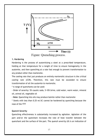 17
1. Hardening
Hardening is the process of austenitizing a steel at a prescribed temperature,
holding at that temperature for a length of time to ensure homogeneity in the
austenite, and then quenching at a rate fast enough to prevent transformation to
any product other than martensite.
The cooling rate that just produces an entirely martensitic structure is the critical
cooling rate (CCR). Therefore, this rate must be exceeded to ensure
transformation of all the austenite to martensite.
* A range of quenchants can be used:
- Order of severity: 5% caustic soda, 5-10% brine, cold water, warm water, mineral
oil, animal oil, vegetable oil
- Note: Quenching into oils may produce bainite rather than martensite
* Steels with less than 0.25 wt.%C cannot be hardened by quenching because the
nose of the TTT
Quench Severity
Quenching effectiveness is substantially increased by agitation. Agitation of the
part and/or the quenchant increases the rate of heat transfer between the
quenchant and the surface of the part. The quench severity (H) is an indication of
 