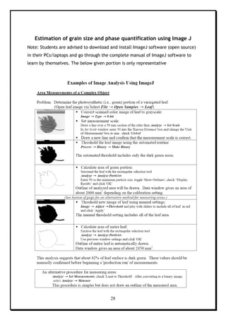 28
Estimation of grain size and phase quantification using Image J
Note: Students are advised to download and install ImageJ software (open source)
in their PCs/laptops and go through the complete manual of ImageJ software to
learn by themselves. The below given portion is only representative
 