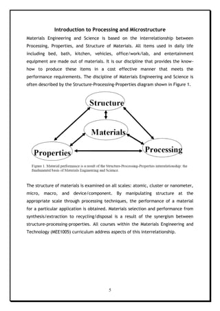5
Introduction to Processing and Microstructure
Materials Engineering and Science is based on the interrelationship between
Processing, Properties, and Structure of Materials. All items used in daily life
including bed, bath, kitchen, vehicles, office/work/lab, and entertainment
equipment are made out of materials. It is our discipline that provides the know-
how to produce these items in a cost effective manner that meets the
performance requirements. The discipline of Materials Engineering and Science is
often described by the Structure-Processing-Properties diagram shown in Figure 1.
The structure of materials is examined on all scales: atomic, cluster or nanometer,
micro, macro, and device/component. By manipulating structure at the
appropriate scale through processing techniques, the performance of a material
for a particular application is obtained. Materials selection and performance from
synthesis/extraction to recycling/disposal is a result of the synergism between
structure-processing-properties. All courses within the Materials Engineering and
Technology (MEE1005) curriculum address aspects of this interrelationship.
 