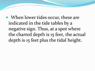 When lower tides occur, these are
indicated in the tide tables by a
negative sign. Thus, at a spot where
the charted depth is 15 feet, the actual
depth is 15 feet plus the tidal height.
 