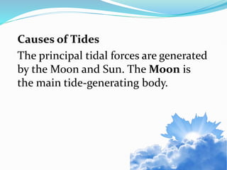 Causes of Tides
The principal tidal forces are generated
by the Moon and Sun. The Moon is
the main tide-generating body.
 