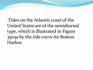 Tides on the Atlantic coast of the
United States are of the semidiurnal
type, which is illustrated in Figure
3505a by the tide curve for Boston
Harbor.
 