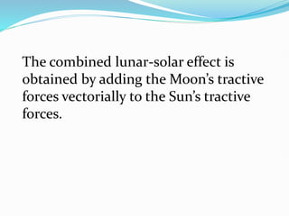 The combined lunar-solar effect is
obtained by adding the Moon’s tractive
forces vectorially to the Sun’s tractive
forces.
 