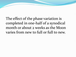 The effect of the phase variation is
completed in one-half of a synodical
month or about 2 weeks as the Moon
varies from new to full or full to new.
 