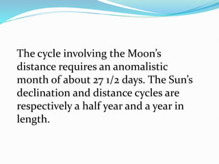 The cycle involving the Moon’s
distance requires an anomalistic
month of about 27 1/2 days. The Sun’s
declination and distance cycles are
respectively a half year and a year in
length.
 
