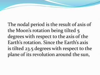The nodal period is the result of axis of
the Moon’s rotation being tilted 5
degrees with respect to the axis of the
Earth’s rotation. Since the Earth’s axis
is tilted 23.5 degrees with respect to the
plane of its revolution around the sun,
 