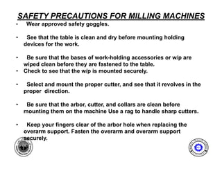 SAFETY PRECAUTIONS FOR MILLING MACHINES
•    Wear approved safety goggles.

•    See that the table is clean and dry before mounting holding
    devices for the work.

•    Be sure that the bases of work-holding accessories or w/p are
    wiped clean before they are fastened to the table.
•   Check to see that the w/p is mounted securely.

•    Select and mount the proper cutter, and see that it revolves in the
    proper direction.

•    Be sure that the arbor, cutter, and collars are clean before
    mounting them on the machine Use a rag to handle sharp cutters.

•    Keep your fingers clear of the arbor hole when replacing the
    overarm support. Fasten the overarm and overarm support
    securely.                                                                    ENG
                                                                                     I NE ER I NG
                                                                                                  T




                                                                            AL




                                                                                                 EC
                                                                    MECH NIC




                                                                                                   HNOLOGY
                                                                        A
                                                                                    MET

                                                                             E              N




                                                                                                 T
                                                                        D
                                                                                 P A
                                                                                     R T ME
 