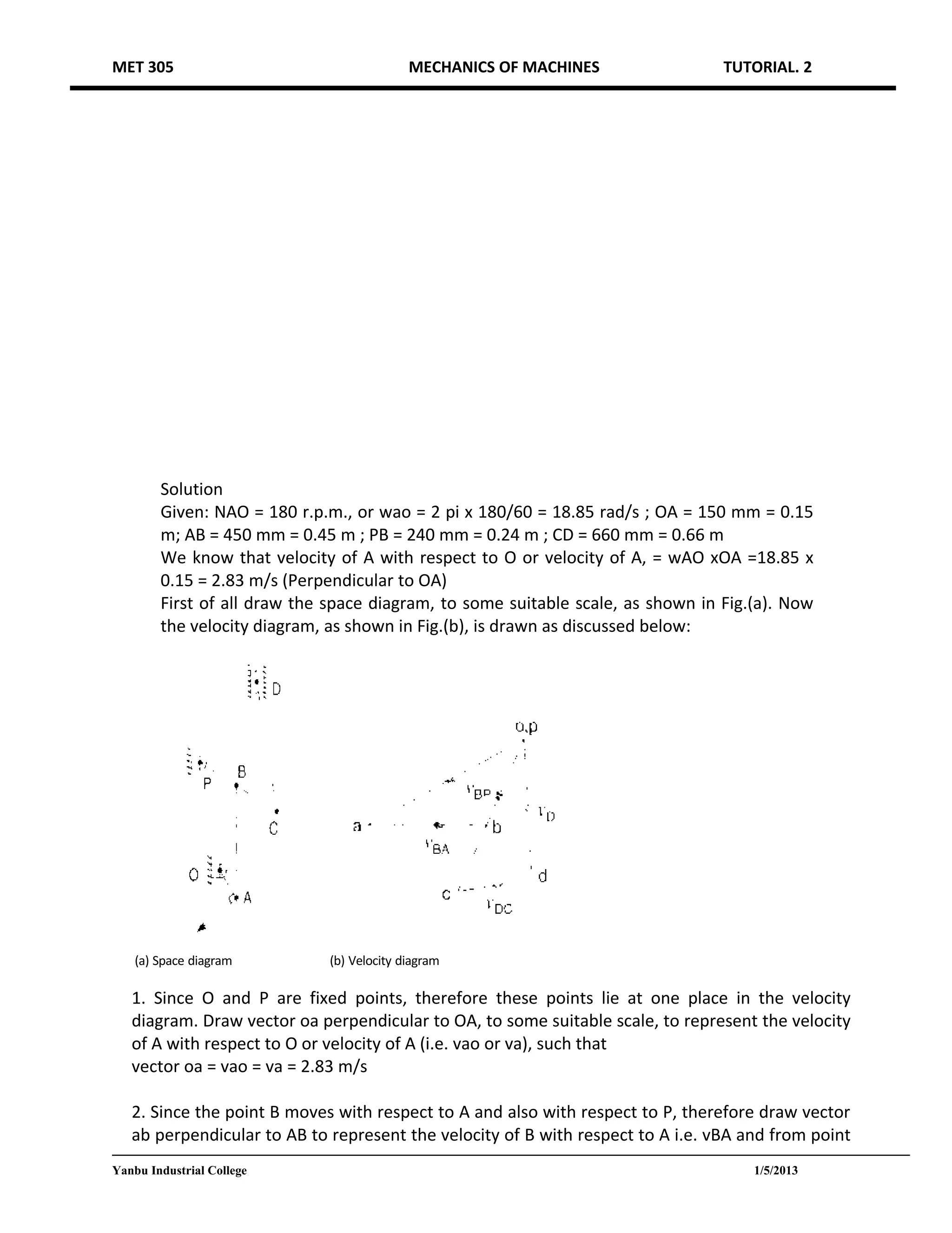 MET 305                                     MECHANICS OF MACHINES                TUTORIAL. 2




        Solution
        Given: NAO = 180 r.p.m., or wao = 2 pi x 180/60 = 18.85 rad/s ; OA = 150 mm = 0.15
        m; AB = 450 mm = 0.45 m ; PB = 240 mm = 0.24 m ; CD = 660 mm = 0.66 m
        We know that velocity of A with respect to O or velocity of A, = wAO xOA =18.85 x
        0.15 = 2.83 m/s (Perpendicular to OA)
        First of all draw the space diagram, to some suitable scale, as shown in Fig.(a). Now
        the velocity diagram, as shown in Fig.(b), is drawn as discussed below:




    (a) Space diagram         (b) Velocity diagram

   1. Since O and P are fixed points, therefore these points lie at one place in the velocity
   diagram. Draw vector oa perpendicular to OA, to some suitable scale, to represent the velocity
   of A with respect to O or velocity of A (i.e. vao or va), such that
   vector oa = vao = va = 2.83 m/s

   2. Since the point B moves with respect to A and also with respect to P, therefore draw vector
   ab perpendicular to AB to represent the velocity of B with respect to A i.e. vBA and from point
Yanbu Industrial College                                                             1/5/2013
 