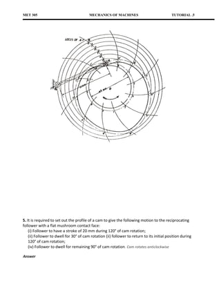 MET 305                                  MECHANICS OF MACHINES                              TUTORIAL .5




5. It is required to set out the profile of a cam to give the following motion to the reciprocating
follower with a flat mushroom contact face:
    (i) Follower to have a stroke of 20 mm during 120° of cam rotation;
    (ii) Follower to dwell for 30° of cam rotation (ii) follower to return to its initial position during
    120° of cam rotation;
    (iv) Follower to dwell for remaining 90° of cam rotation. Cam rotates anticlockwise

Answer
 