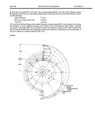 MET 305                                 MECHANICS OF MACHINES                             TUTORIAL .5


2. Draw the cam profile for cam with roller reciprocating follower. The axis of the follower passes
through the axis of the cam and rotates anticlockwise. Particulars of the cam and the follower motion
are the following:
       Roller diameter                      = 5 mm
       Minimum radius of the cam            = 20 mm
       Total lift                           = 25 mm.
The cam has to lift the follower with simple harmonic motion during 180° of cam rotation, then allow
the follower to drop suddenly halfway, and further return the follower with uniform velocity
during the remaining 180° of cam rotation. Show the position of key on the shaft to which the
cam is mounted. Determine the maximum velocity and maximum acceleration on the outstroke, if
the cam rotates at a uniform speed of 100 r.p.m.

Answer
 