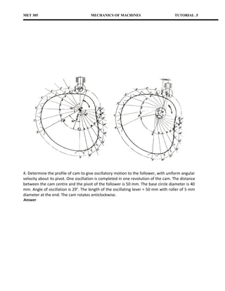 MET 305                               MECHANICS OF MACHINES                          TUTORIAL .5




4. Determine the profile of cam to give oscillatory motion to the follower, with uniform angular
velocity about its pivot. One oscillation is completed in one revolution of the cam. The distance
between the cam centre and the pivot of the follower is 50 mm. The base circle diameter is 40
mm. Angle of oscillation is 29°. The length of the oscillating lever = 50 mm with roller of 5 mm
diameter at the end. The cam rotates anticlockwise.
Answer
 