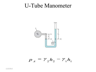 U-Tube Manometer




             pA    2
                       h2   1
                                h1

11/5/2012
 