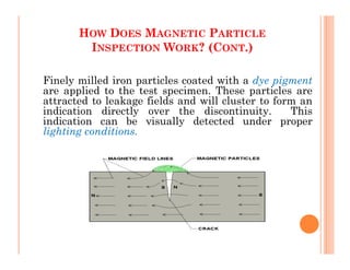 HOW DOES MAGNETIC PARTICLE
INSPECTION WORK? (CONT.)
Finely milled iron particles coated with a dye pigment
are applied to the test specimen. These particles are
attracted to leakage fields and will cluster to form an
indication directly over the discontinuity. This
indication can be visually detected under proper
lighting conditions.
lighting conditions.
 
