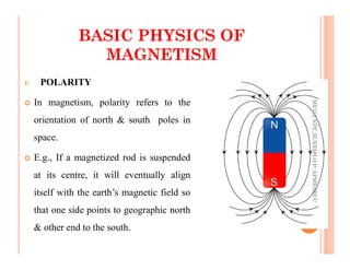 BASIC PHYSICS OF
BASIC PHYSICS OF
MAGNETISM
MAGNETISM
26
1. POLARITY
 In magnetism, polarity refers to the
orientation of north & south poles in
space.
ME312
NDT_SUKESH
O
P/
APME/JECC
space.
 E.g., If a magnetized rod is suspended
at its centre, it will eventually align
itself with the earth’s magnetic field so
that one side points to geographic north
& other end to the south.
ME312
NDT_SUKESH
O
P/
APME/JECC
 