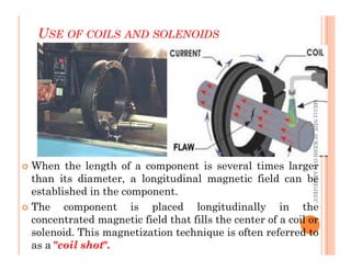 USE OF COILS AND SOLENOIDS
57
ME312
NDT_SUKESH
O
P/
APME/JECC
 When the length of a component is several times larger
than its diameter, a longitudinal magnetic field can be
established in the component.
 The component is placed longitudinally in the
concentrated magnetic field that fills the center of a coil or
solenoid. This magnetization technique is often referred to
as a "coil shot".
ME312
NDT_SUKESH
O
P/
APME/JECC
 