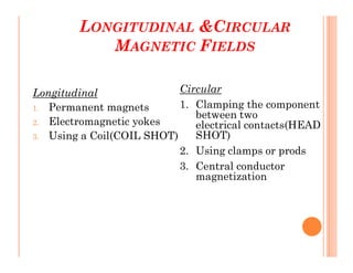 LONGITUDINAL &CIRCULAR
MAGNETIC FIELDS
Longitudinal
1. Permanent magnets
2. Electromagnetic yokes
3. Using a Coil(COIL SHOT)
Circular
1. Clamping the component
between two
electrical contacts(HEAD
SHOT)
3. Using a Coil(COIL SHOT) SHOT)
2. Using clamps or prods
3. Central conductor
magnetization
 