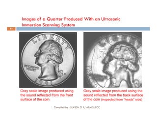 Images of a Quarter Produced With an Ultrasonic
Immersion Scanning System
85
Gray scale image produced using
the sound reflected from the front
surface of the coin
Gray scale image produced using the
sound reflected from the back surface
of the coin (inspected from “heads” side)
Compiled by : SUKESH O P/ APME/JECC
 