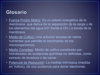 • Fuerza Protón Motríz: Es un estado energético de la
membrana que deriva de la separación de la carga y de
los elementos del agua (H+ frente a OH-) a través de la
membrana.
• Medio de Cultivo: Una solución acuosa de varios
nutrientes que permite el crecimiento de los
microorganismos.
• Medio Complejo: Medio de cultivo constituido por
hidrolizados de sustancias químicas no definidas, como
extracto de levadura o de carne.
• Potencial de Reducción: La medida Intrínseca (medida
en Voltios), de una sustancia para donar electrones.
 