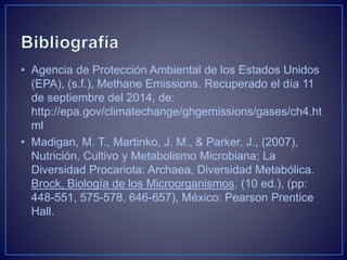 • Agencia de Protección Ambiental de los Estados Unidos
(EPA), (s.f.), Methane Emissions. Recuperado el día 11
de septiembre del 2014, de:
http://epa.gov/climatechange/ghgemissions/gases/ch4.ht
ml
• Madigan, M. T., Martinko, J. M., & Parker, J., (2007),
Nutrición, Cultivo y Metabolismo Microbiana; La
Diversidad Procariota: Archaea, Diversidad Metabólica.
Brock, Biología de los Microorganismos. (10 ed.), (pp:
448-551, 575-578, 646-657), México: Pearson Prentice
Hall.
 