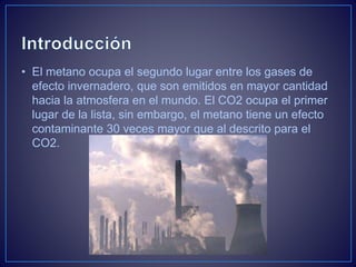 • El metano ocupa el segundo lugar entre los gases de
efecto invernadero, que son emitidos en mayor cantidad
hacia la atmosfera en el mundo. El CO2 ocupa el primer
lugar de la lista, sin embargo, el metano tiene un efecto
contaminante 30 veces mayor que al descrito para el
CO2.
 