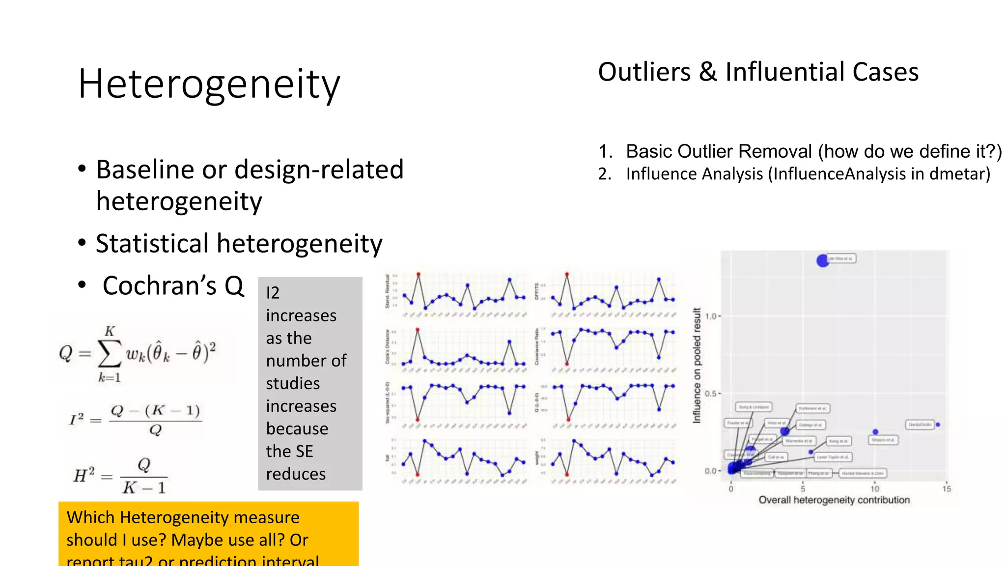 Heterogeneity
• Baseline or design-related
heterogeneity
• Statistical heterogeneity
• Cochran’s Q
Outliers & Influential Cases
1. Basic Outlier Removal (how do we define it?)
2. Influence Analysis (InfluenceAnalysis in dmetar)
Which Heterogeneity measure
should I use? Maybe use all? Or
I2
increases
as the
number of
studies
increases
because
the SE
reduces
 