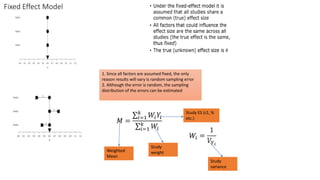 Fixed Effect Model
1. Since all factors are assumed fixed, the only
reason results will vary is random sampling error
2. Although the error is random, the sampling
distribution of the errors can be estimated
Weighted
Mean
Study
weight
Study
variance
Study ES (r2, %
etc.)
 