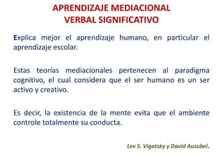 APRENDIZAJE MEDIACIONAL
VERBAL SIGNIFICATIVO
Explica mejor el aprendizaje humano, en particular el
aprendizaje escolar.
Estas teorías mediacionales pertenecen al paradigma
cognitivo, el cual considera que el ser humano es un ser
activo y creativo.
Es decir, la existencia de la mente evita que el ambiente
controle totalmente su conducta.
Lev S. Vigotsky y David Ausubel.
 